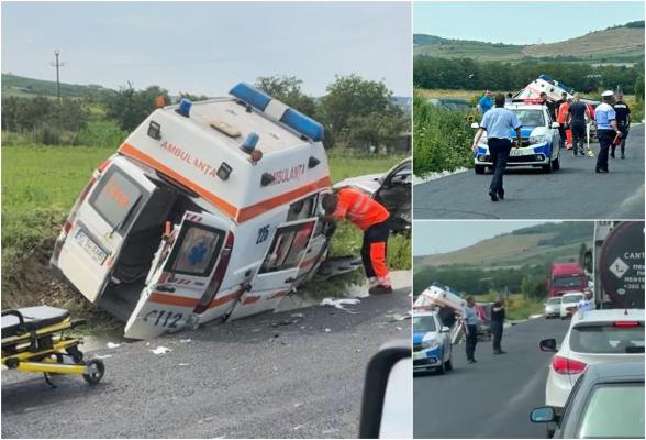 Ambulanţă, aflată în mijlocul misiunii, aruncată pe marginea şoselei. Un şofer a izbit din plin salvarea, după ce nu a acordat prioritate