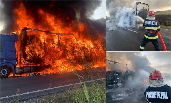 TIR încărcat cu materiale textile, mistuit de flăcări pe DN 56A în Mehedinţi. Şoferul a murit, după ce ar fi făcut infarct la volan