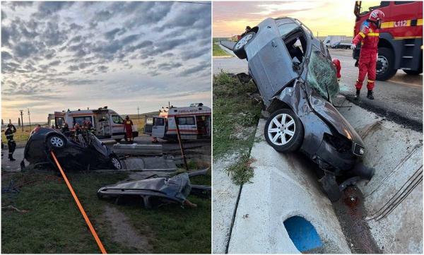 Trei oameni pe patul de spital, după ce mașina în care se aflau a ieșit de pe șosea și s-a înfipt într-un canal de scurgere, în Iași