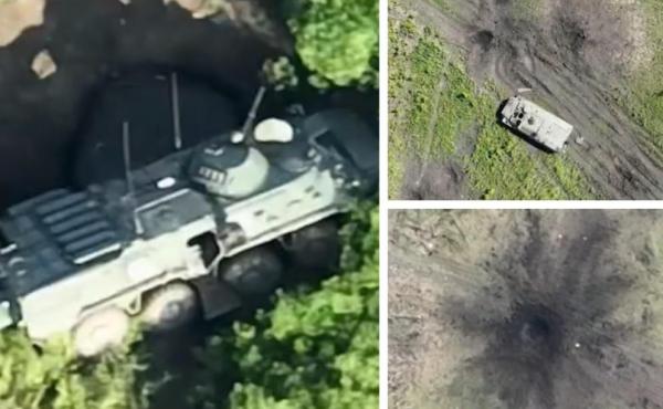 O lovitură, două "victime". Un blindat rusesc a explodat în Doneţk formând un crater uriaş. După 3 luni, un alt blindat cade în aceeaşi groapă