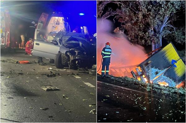 Tânăr de 24 de ani, mort într-un accident teribil, în Dolj. Băiatul ar fi intrat pe contrasens şi a lovit un TIR, care a fost mistuit de flăcări: alți 4 răniți