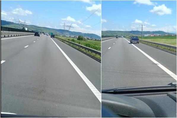 Momentul în care un tânăr de 24 de ani goneşte pe banda de urgenţă de pe Autostrada A1. Poliţia s-a autosesizat după imaginile postate pe internet