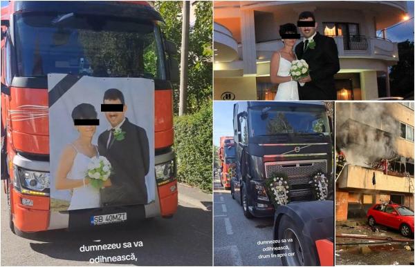 Cortegiu emoţionant cu zeci de TIR-uri pentru înmormântarea celor doi soţi din Sibiu. Mariana şi Marius au fost conduşi pe ultimul drum