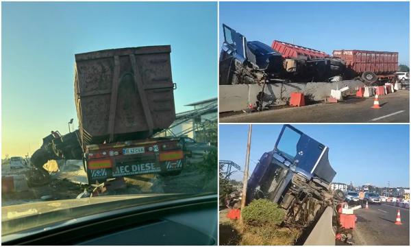 Dezastru la intrarea în Lețcani, după ce un șofer de TIR a adormit la volan. Camionul a spulberat sensul giratoriu, a lovit două mașini, apoi s-a răsturnat