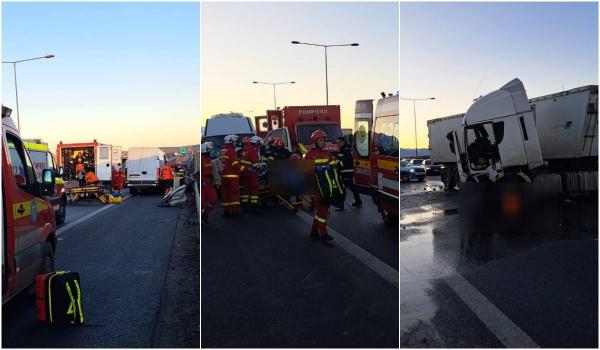 Accident pe Centura Sibiului între două TIR-uri şi o camionetă. Opt persoane au fost rănite. Planul Roşu, activat