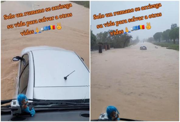 Şofer român, erou în Spania. Momentul în care împinge cu TIR-ul o maşină blocată în puhoaie. "Doar un român îşi riscă viaţa ca să salveze altele"