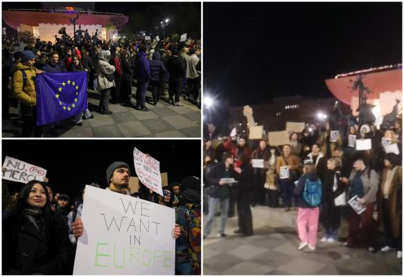 Protest în Piaţa Universităţii la adresa lui Călin Georgescu. Sute de studenţi scandează "Nu votați un dictator"