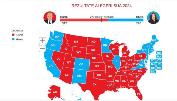 Rezultate alegeri SUA 2024. Victorie categorică a lui Donald Trump: A câştigat şi Arizona şi are 312 electori