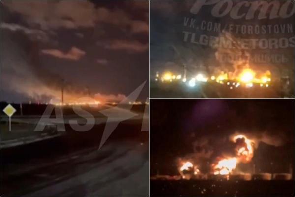 Ucraina a lovit cu zeci de drone şi rachete sudul regiunii Rostov. Rafinăria de petrol Novoşahtinsk a fost cuprinsă de flăcări