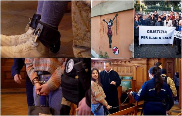 O italiancă, adusă în lanţuri într-un tribunal din Ungaria. Imaginile au creat revoltă în Italia. Femeia ar fi fost ţinută în condiţii mizere
