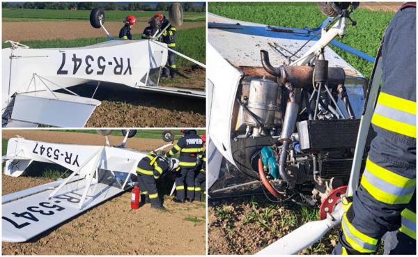 Aterizare forţată într-o comună din judeţul Alba. Un avion de mici dimensiuni a ajuns cu plafonul pe pământ, în mijlocul unui câmp. Pilotul a scăpat ca prin minune