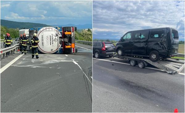 Cisternă încărcată cu oţet, răsturnată pe A1, lângă Deva. S-a izbit violent cu o maşină cu platformă care transporta un microbuz