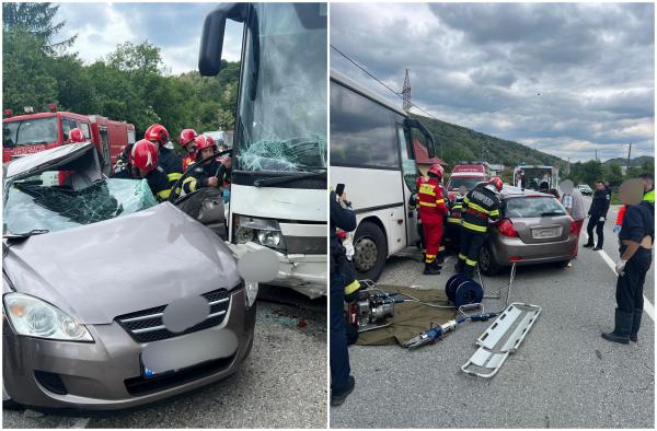 Accident teribil în Vâlcea. Un bărbat a murit şi două femei au ajuns la spital, după un impact devastator între un autoturism şi un autocar