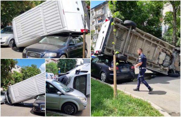 Impact violent între două vehicule, în Satu Mare. O autoutilitară s-a răsturnat peste o mașină, după ce s-a izbit de o dubă