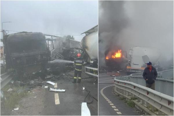 Impact cumplit între un camion şi o cisternă în Ceica. Ambele vehicule au ars ca o torţă, iar unul dintre şoferi a ajuns la spital