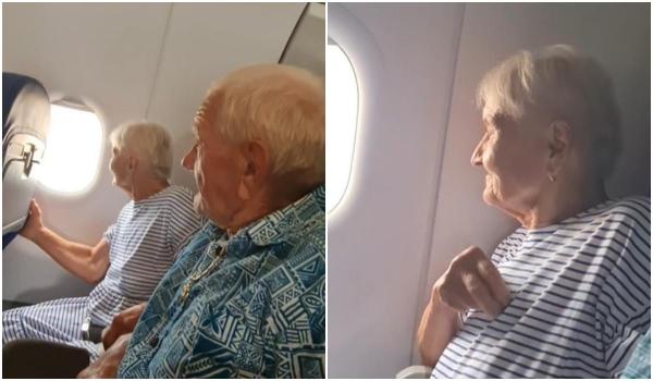 Reacţia unor bunici când zboară prima dată cu avionul. Bunica şi-a făcut cruce şi nu şi-a putut dezlipi privirea de pe geam