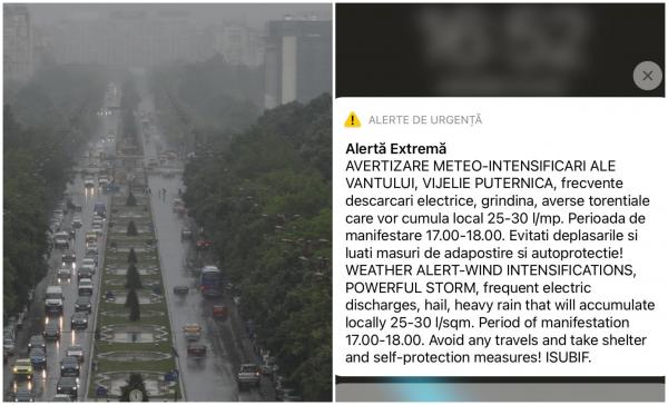Cod portocaliu de grindină şi vijelii în Bucureşti. A fost emis un mesaj RO-Alert: "Evitaţi deplasările!"