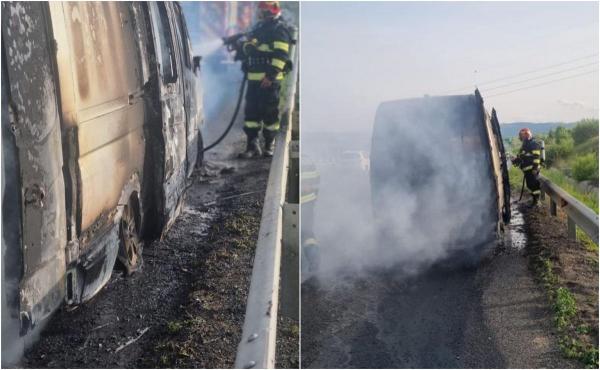 Un microbuz cu 9 persoane la bord a izbucnit în flăcări pe autostradă, în Sibiu. Oamenii au reușit să iasă înainte să se producă o tragedie