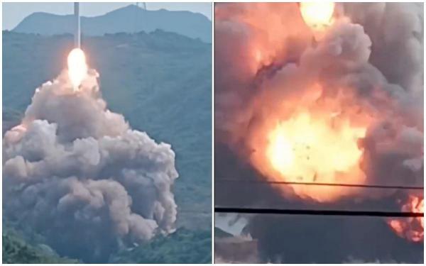 Rachetă spațială, filmată cum se prăbușește lângă un oraș din China. S-a tranformat într-o minge de foc și a explodat, după ce a fost lansată accidental