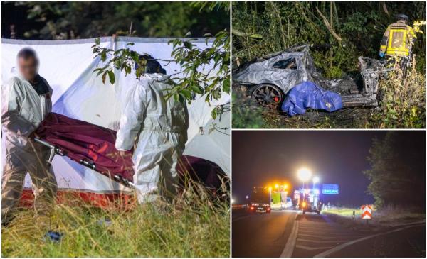 Tată şi fiu morţi într-un Porsche 911 GT3 făcut scrum, după o cursă ilegală cu peste 200 km/h. Imagini de groază pe A44, în Germania