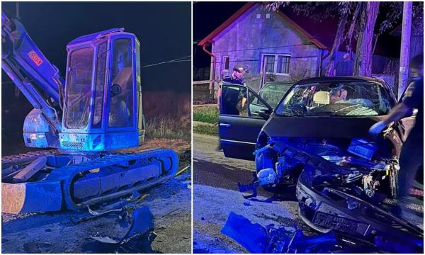 Femeie moartă pe un drum din Cluj, după ce mașina în care se afla a intrat cu viteză într-un buldoexacavator parcat
