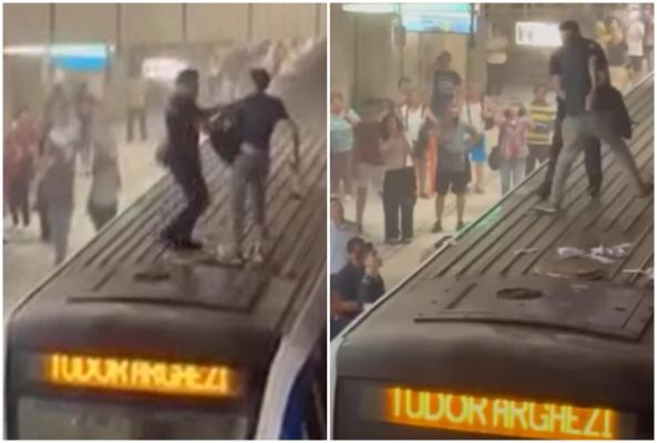 Un bărbat s-a urcat pe un vagon în staţia de metrou Piaţa Victoriei cu un extinctor în mână. Poliţiştii l-au dat jos cu forţa