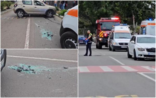 Maşină răsturnată pe o stradă din Constanța, după un impact puternic cu alt autoturism. Şase persoane implicate, între care doi copii