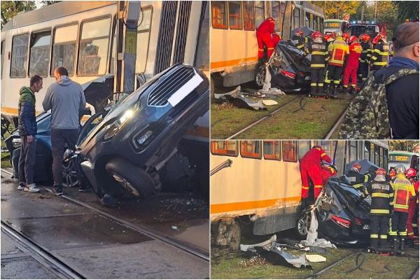 Accident grav pe Şoseaua Progresului, în Capitală. Maşină strivită de tramvai şi ruptă în două: şoferul a murit