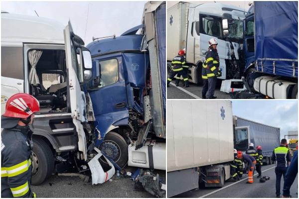 Coliziune frontală între două TIR-uri, pe autostrada A1. Trei persoane, între care un minor, au fost transportate la spital