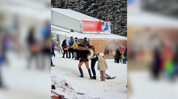 Turistă surprinsă pe o pârtie din Poiană cu cizme cu toc şi fustă mini, în timp ce se chinuia să urce. "Și eu am mers ca fraiera cu căciulă și pantaloni de schi"