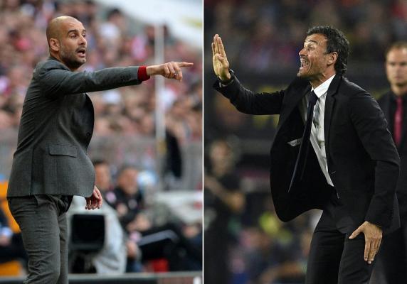 Foşti coechiperi la Barcelona, Luis Enrique (dreapta) şi Josep Guardiola se înfruntă ca antrenori în Paris Saint Germain - Manchester City
