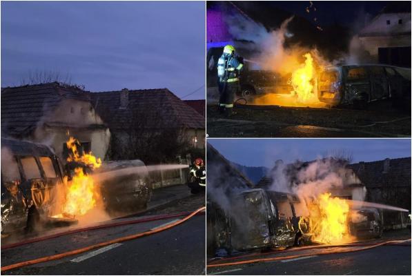 Femeie carbonizată, după ce două microbuze s-au ciocnit şi au izbucnit în flăcări, în Sibiu. Trupul ars a fost găsit sub vehicul