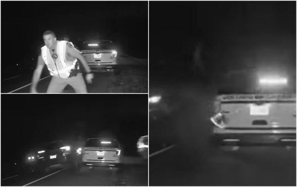 Momentul în care 2 polițiști scapă la secundă din fața unui SUV care urma să-i strivească