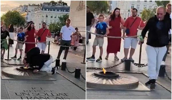 Momentul în care un bărbat îşi aprinde ţigara la flacăra Soldatului Necunoscut în Paris, apoi pleacă liniştit