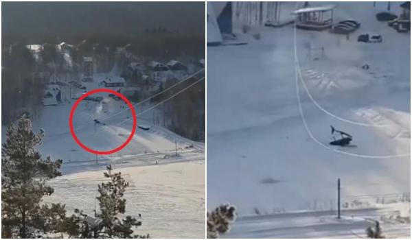 Momentul în care elicopterul unui oligarh se prăbuşeşte după ce agaţă cablurile telecabinei, în Rusia