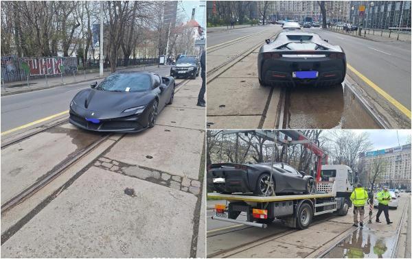 Și-a parcat Ferrariul pe linia de tramvai în Capitală. Cât trebuie să plătească bucureșteanul pentru tupeu