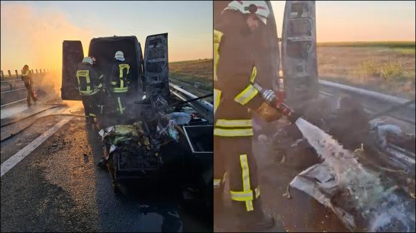 Incendiu pe A1, lângă Pecica. O dubă încărcată cu mobilier s-a făcut scrum