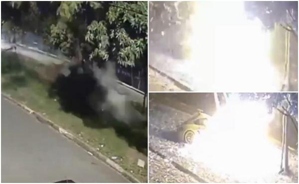 Momentul când un Porsche Cayman se izbeşte violent de un copac şi ia foc. Doi tineri au murit pe loc