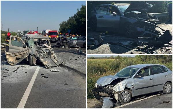 Un mort și șase răniți, după ce trei mașini s-au izbit pe un drum din Timiș