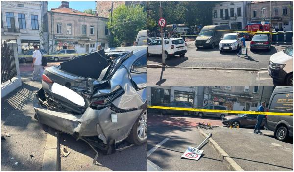 Accident pe Calea Griviței din Capitală. O șoferiță a dat cu spatele și a lovit doi oameni și trei mașini