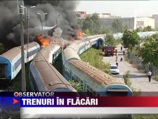 Trei trenuri in flacari langa Gara de Nord din Bucuresti