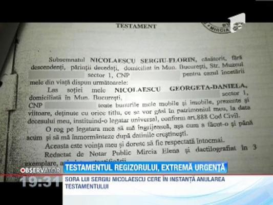 Sora lui Sergiu Nicolaescu cere in instanta anularea testamentului regizorului