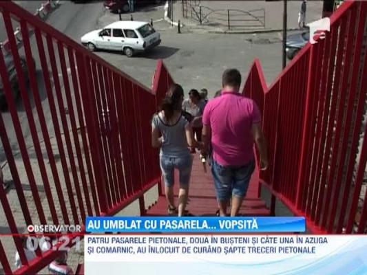 Cei care au vrut sa traverseze Drumul National 1, in Busteni, s-au murdarit de vopsea