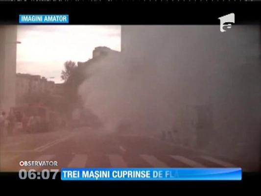 Un incendiu violent a mistuit trei maşini  pe Calea Victoriei din Bucureşti