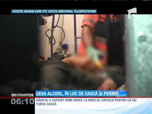 S-a urcat pe un scuter neînmatriculat, beat, fără cască şi fără permis. Tânărul a ajuns la spital în stare gravă