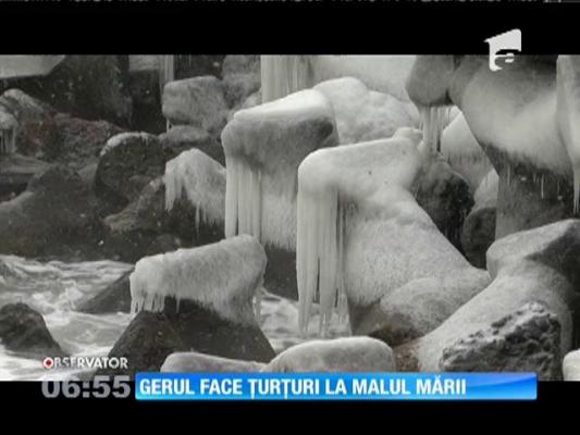 Gerul a creat adevărate sculpturi de gheaţă la malul mării