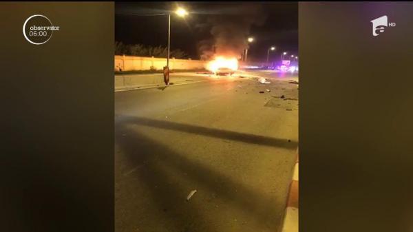 Scene de groază pe Şoseaua Pipera din Capitală. Şofer blocat la volan, într-o maşină în flăcări. Viteza i-ar fi adus sfârşitul