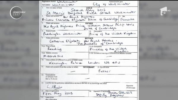 Certificatul de naştere al Prinţului Louis, cel de al treilea copil al Ducesei de Cambridge şi al Prinţului William, a fost publicat