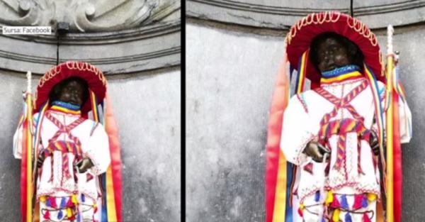 Statuia-simbol a oraşului Bruxelles a îmbrăcat costum de căluşar, de Ziua Costumului Popular Românesc.