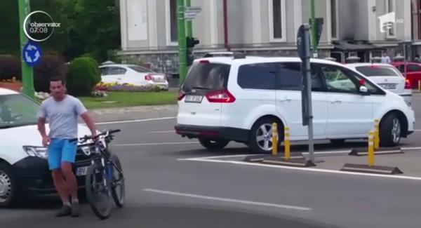 Incident şocant în Braşov: un taximetrist a luat sub roţile maşinii bicicleta unui bărbat